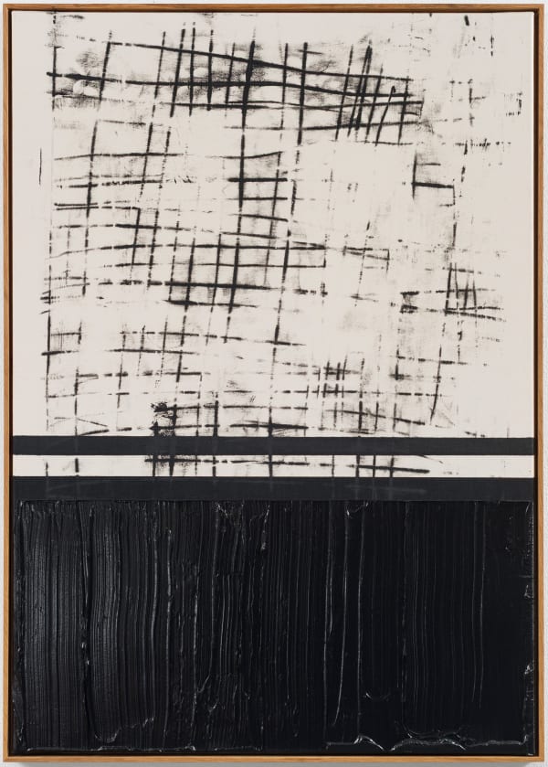 Søren Sejr, Comp. Black / Strange grid top, one line acrylic, one block gel with heavy vertical brushstrokes bottom, 2025