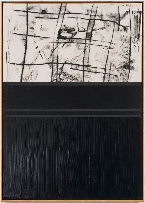 Søren Sejr, Comp. Black / Double grid heavy top, two lines oilstick, heavy vertical brushstrokes in gel bottom, 2025