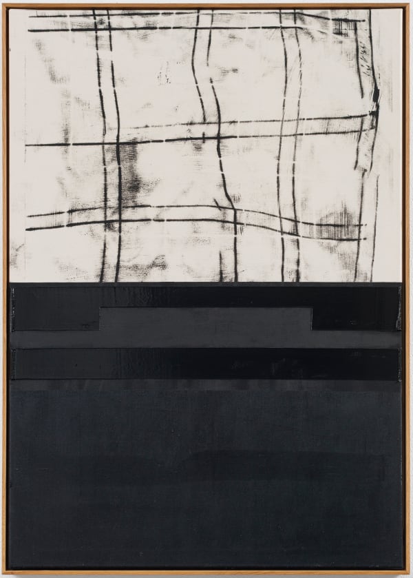 Søren Sejr, Comp. Black / Double grid heavy top, two lines oilstick, heavy vertical brushstrokes in gel bottom, 2025