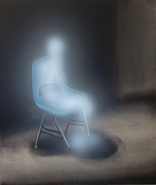 Tala Madani, Ghost Sitter (blue chair), 2020