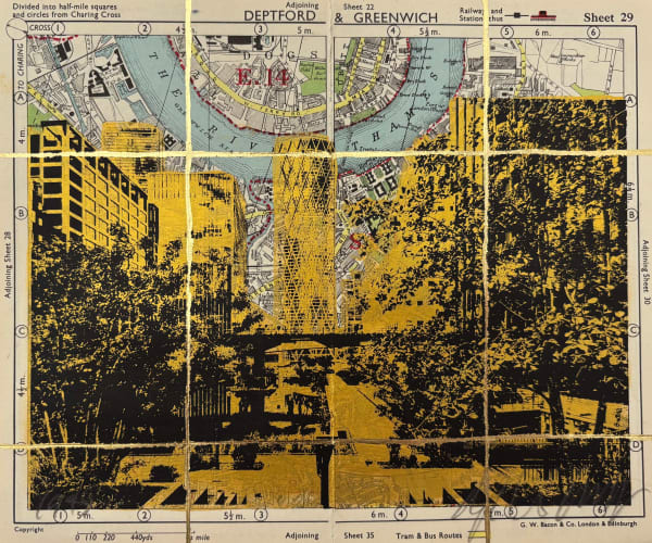 Angela Morris-Winmill, Eden Dock, Canary Wharf, Gold Ink, 1945