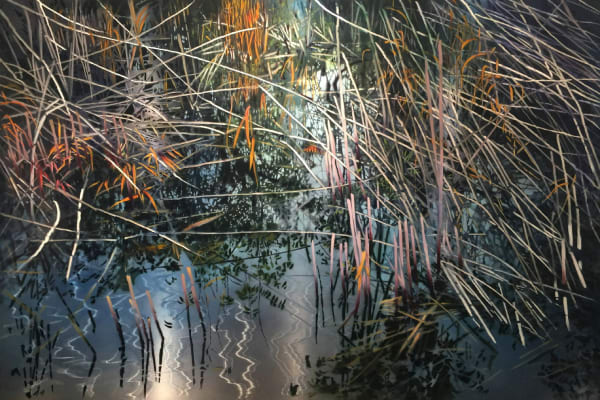 David Kessler Silvered Reeds Acrylic and resin on abraded aluminium 122 x 183 cm