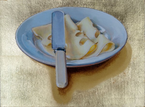 Cynthia Poole Plate of Cheese Metal leaf and acrylic on canvas 30 x 40 cm