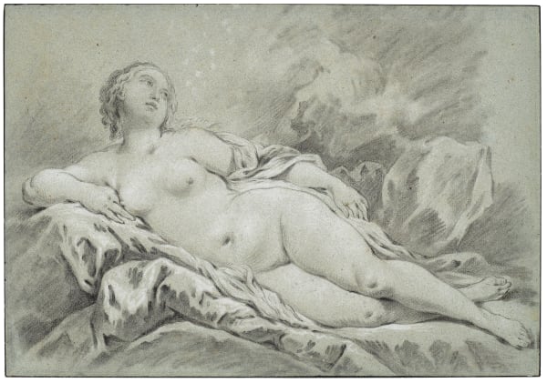 Pierre-Charles Le Mettay (1726-1759), Reclining female nude with her legs out and looking up to the right