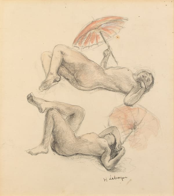 Henri LEBASQUE (Champigné 1865 - 1937 Le Cannet), Reclining female nudes with an umbrella