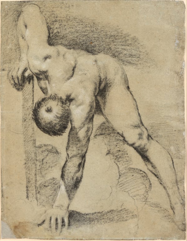 Giovanni Francesco Barbieri, called GUERCINO (Cento 1591 - 1666 Bologna), Leaning Nude Man (recto); Kneeling Man, Hands Tied Behind His Back (verso)