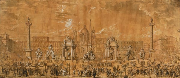 Jacques DUMONT called LE ROMAIN (Paris 1701 - 1781), Preparations for the fireworks display held in Piazza Navona in Rome on November 30, 1729, for the birth of the Dauphin, son of Louis XV, after PANINI, 1732-1735