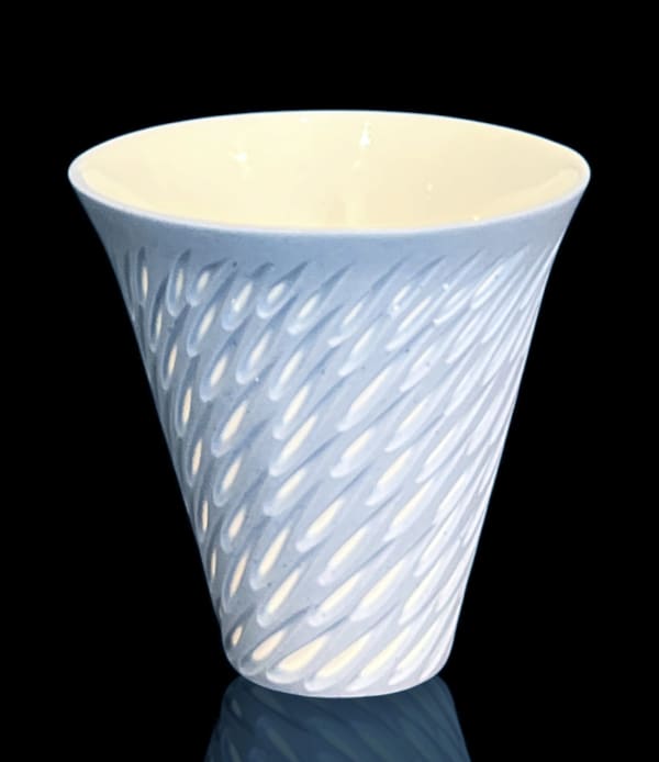 Sasha Wardell Blue Espresso Cup, 2025 layered and sliced bone china inscribed with artist initials on base h. 8 x w. 8 cm
