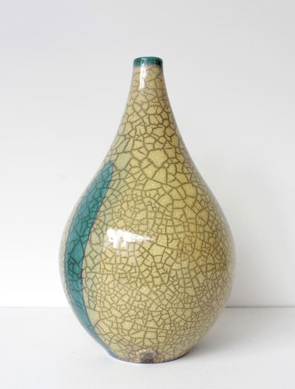 Tim Andrews Tall Yellow Bottle Form with Green 'Drops', 2021 porcelain with multiple glazes impressed seal mark 'TA 40' h. 24.5 x w. 15