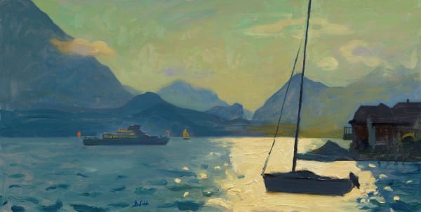 Golden evening contre jour, steamboat on Lake Thun Daisy Sims Hilditch