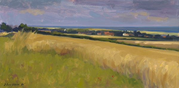 Daisy Sims Hilditch, Golden wheat fields, moody sky towards Brancaster church