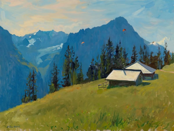 Summer morning pastures above Grindelwald, old mountain huts and the Eiger beyond Daisy Sims Hilditch