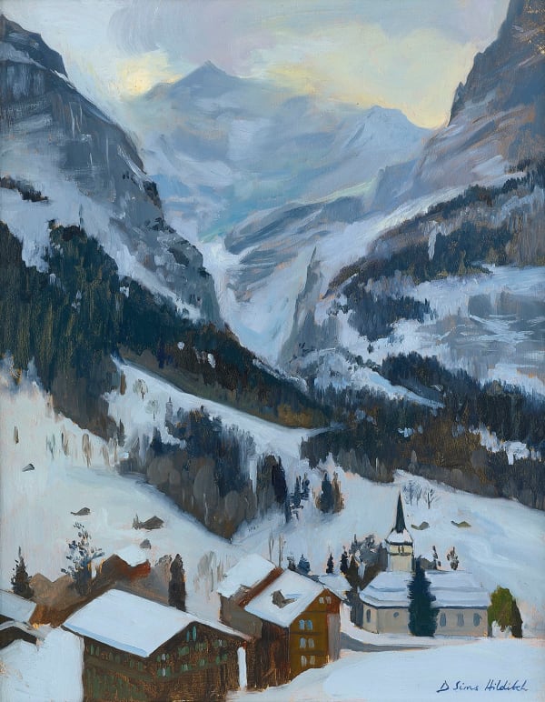 Grindelwald Church with the Glacier Beyond, Stormy Light Daisy Sims Hilditch