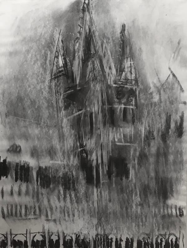Dennis Creffield, Norwich Cathedral: the spire from the cloisters, 1987