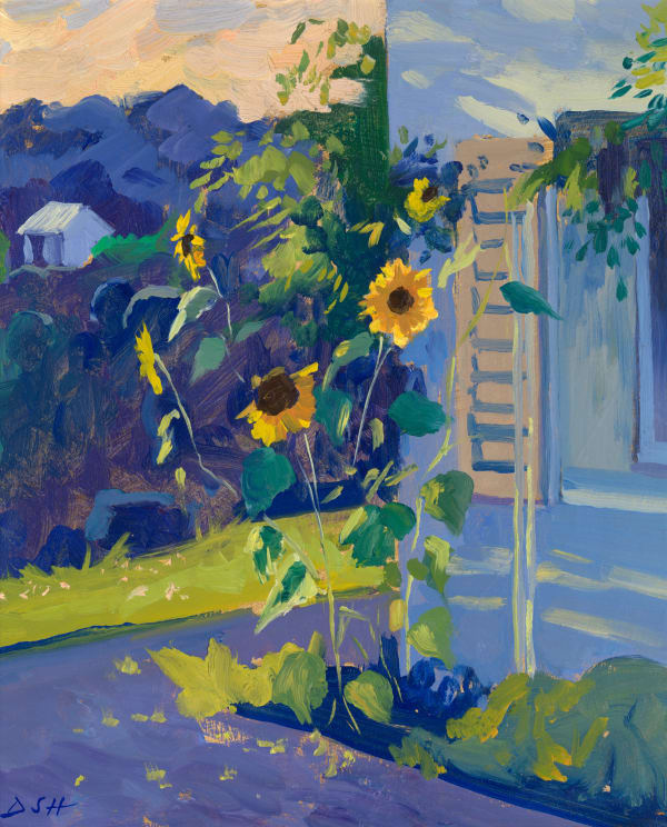 Sunflowers as the sun sets in a blue and yellow palette above the lake of Zurich Daisy Sims Hilditch