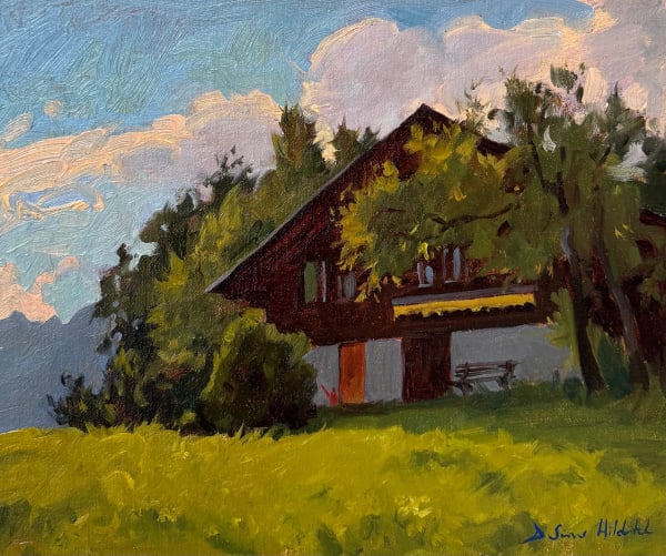 Daisy Sims Hilditch, Red watering can, summer evening golden light in Grindelwald