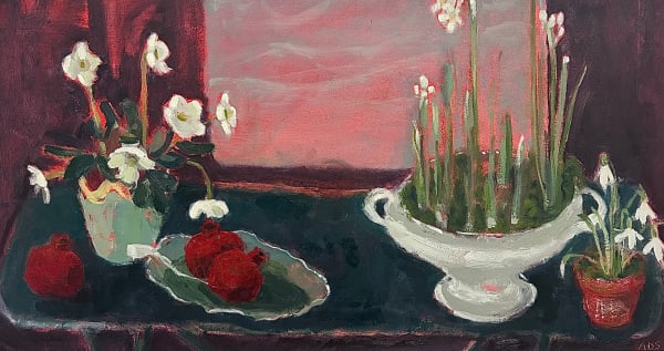 Anna Dixon-Smith, Pink Sky at Night (Narcissi, Hellebores and Pomegranates), 2024