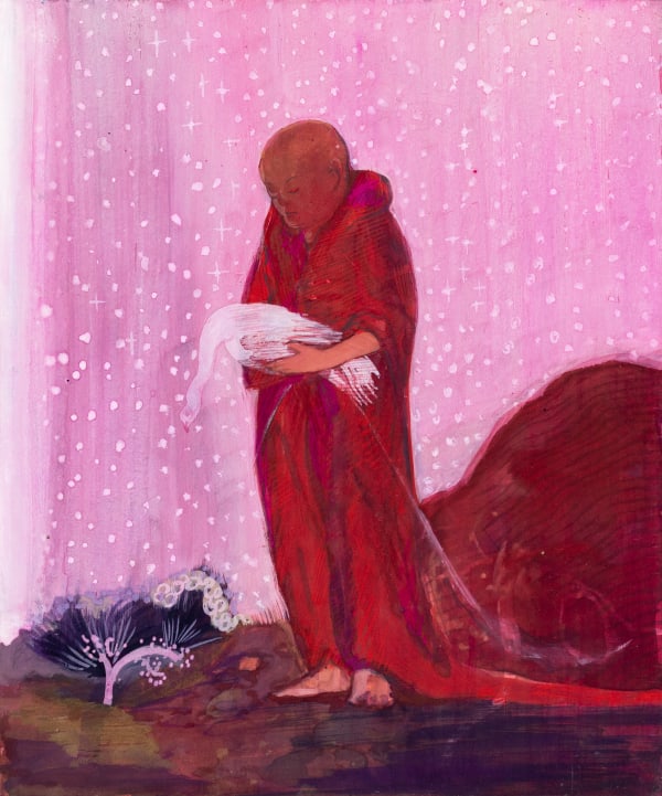 Mahesh Baliga The Monk with the bird, 2018-19 Casein on board 12 x 10 inches