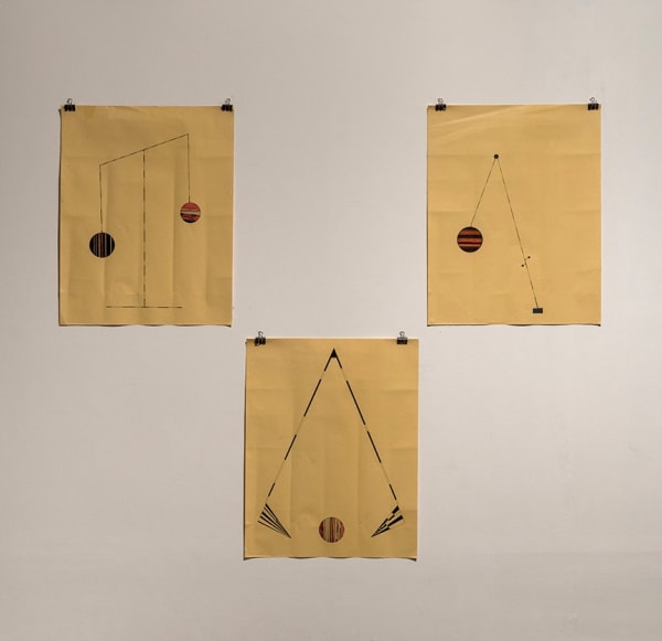 Andrew Voogel Weight of separation (diagram), 2012 Ink on Varanasi paper 28 x 22 inches each (set of 3)
