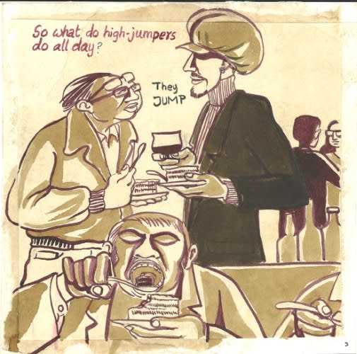 Sarnath Banerjee high Jump 3/16, 2012 Ink and water colour on archival paper 9 x 9 inches