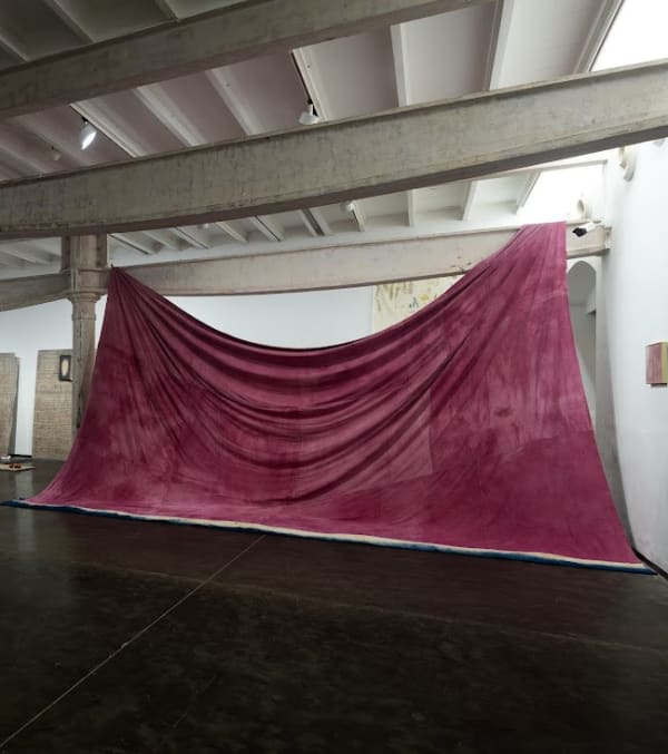 Hemali Bhuta In This World Of The Familiar I Search For The Unknown In Wonder My Song Bursts Forth, 2021 Lac Dye, Indigo Dye, Dye From Dried Leaves Of Trees On Bengal Khadi Cotton 216.5 x 216.5 inches