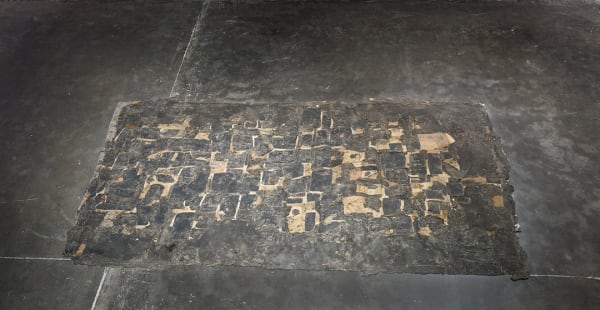 Hemali Bhuta Painted, 2015 coal tar sheet, coal tar, black Japan, blackboard paint and felt. 102 x 50 inches