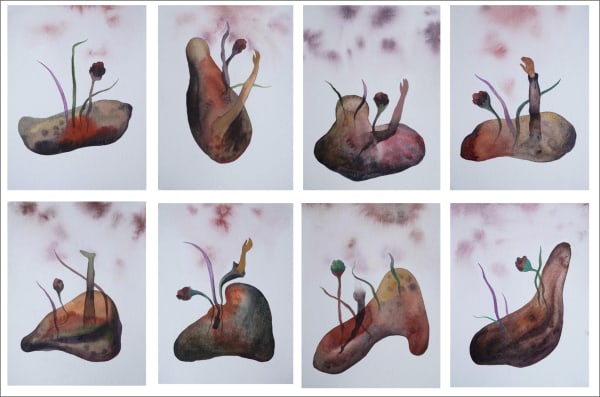 Ohida Khandakar Crimson Stoneborn Souls, 2024 watercolor on paper 12.5 x 9.5 inches each (set of 8)