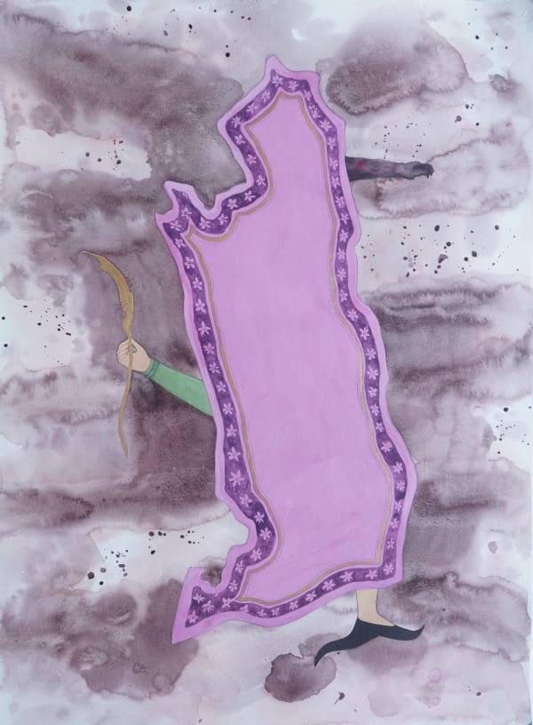 Ohida Khandakar The Veil of Fury, 2024 watercolor and acrylic gold on paper 30 x 21 inches