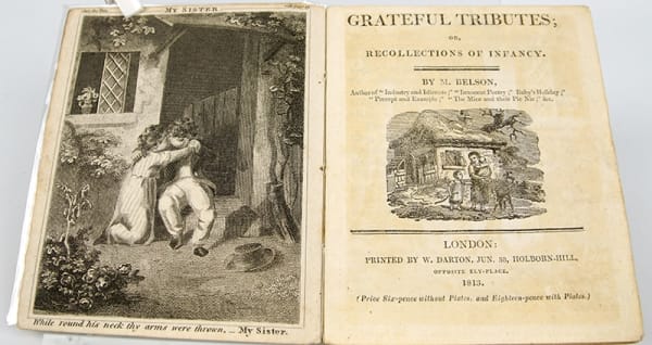 Grateful Tributes; or, Recollections of Infancy by Mary Belson Elliot. Title page with illustrations of people fighting and a house