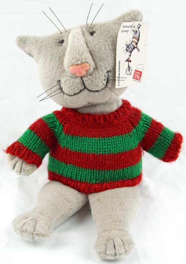 Gorey Cat with red and green sweater