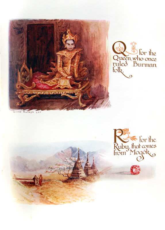 The Burma Alphabet (In English & Burmese) by Charlotte I. Wheeler Cuffe. Interior page Q and R.