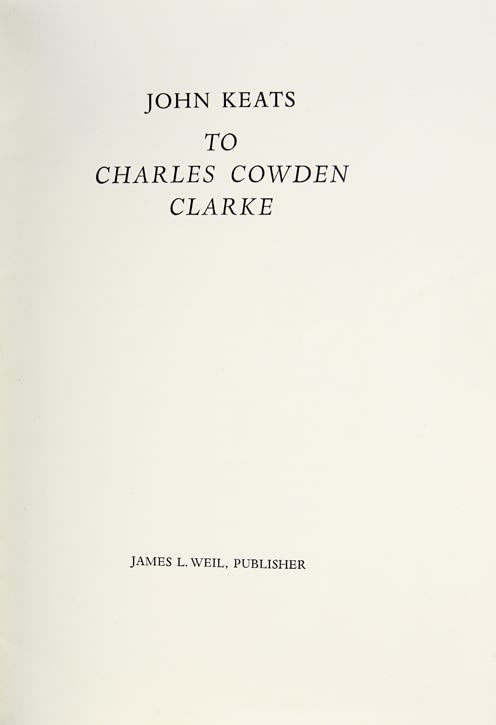 To Charles Cowden Clarke by John Keats. Title page.