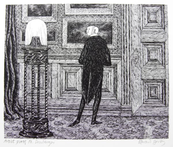 Artist proof of "As the party was about to retire..." by Edward Gorey. Man in front of carved wall with paintings.
