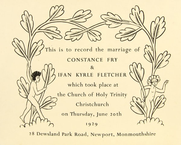 Wedding memorial card for Constance Fry and Ifan Kyrle Fletcher illustrated by Eric Gill.