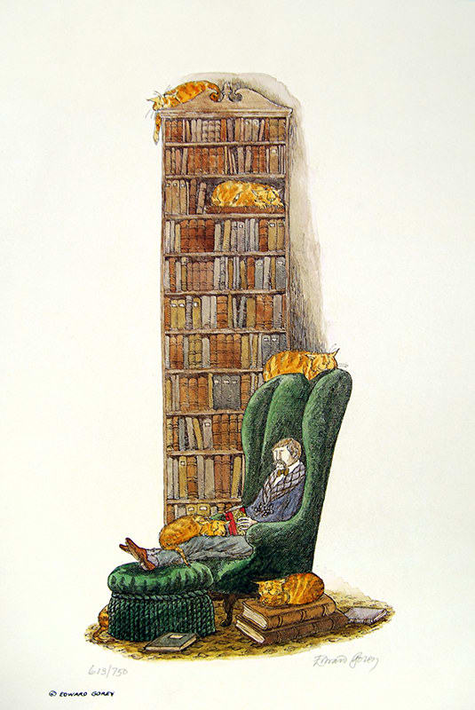 "A Bibliophile in His Library" by Edward Gorey. Numbered print, signed by the artist