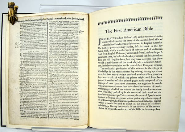 The First American Bible ; A Leaf From a Copy of the Bible Translated into the Indian Language by John Eliot and Printed at Cambridge in New England in the Year 1663. Leaf