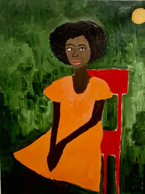 Cassi Namoda, Ambar wonders of the moon, in an orange dress, pensive and adoring, 2020