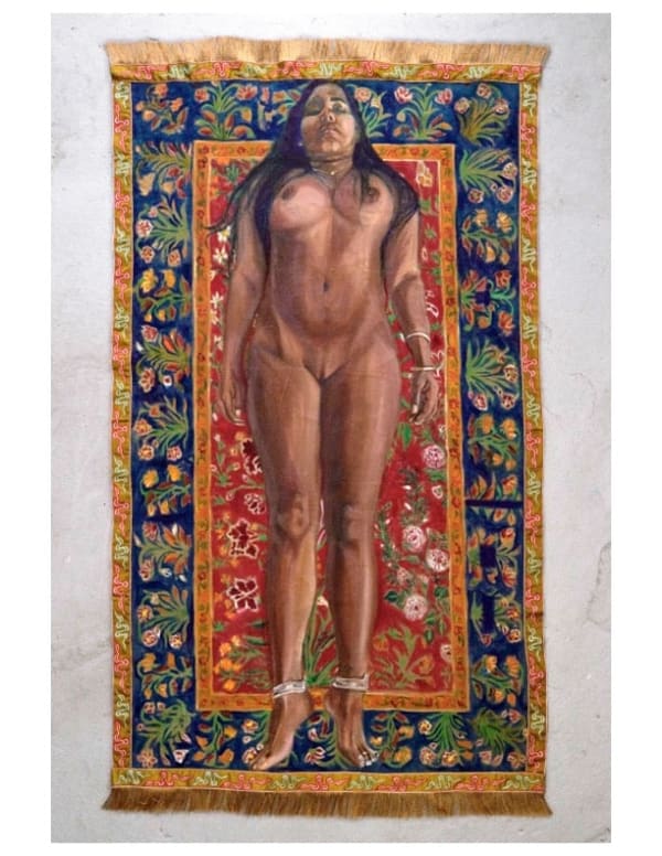 Bhasha Chakrabarti, Self-Portrait as Mumtaz Mahal on a Carpet from the Shah Jahan Period at the Frick (Untimely Death), 2023