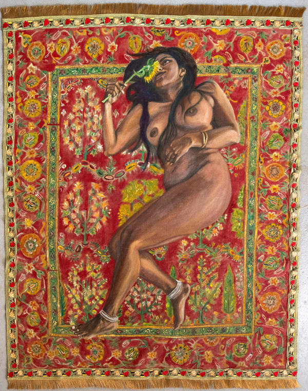 Bhasha Chakrabarti, Self-Portrait as Mumtaz Mahal on a Carpet from the Shah Jahan Period at the Frick (Smelling a Flower), 2023