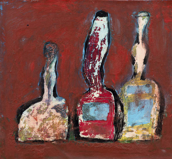 Sam Herman 1936-2020Three bottles oil on canvas 38.5 x 38 cm 15 1/8 x 15 in