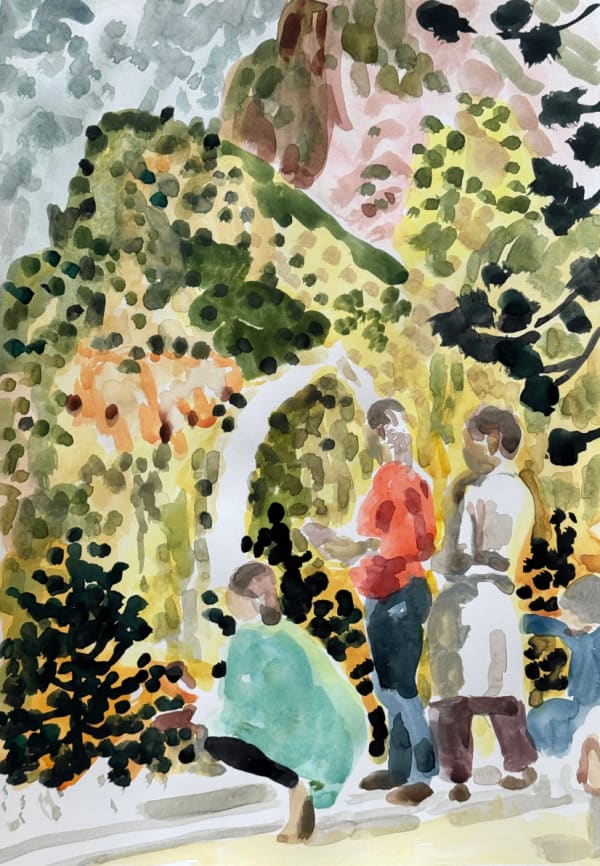 Muralists painting mountains