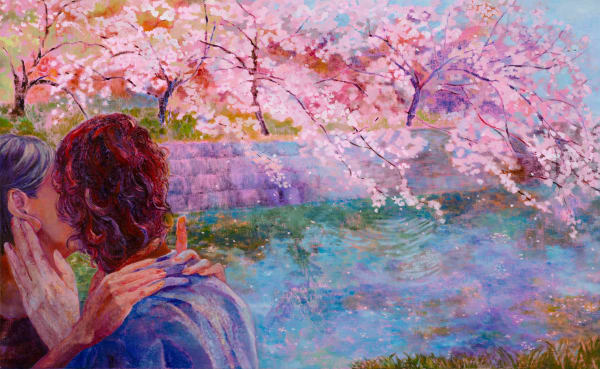 The copper hair and cherry blossom trees along the river
