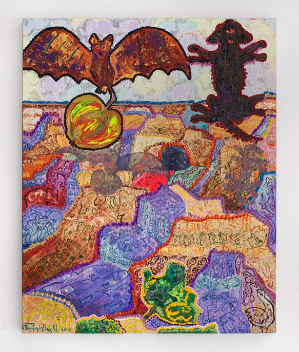 Maija Peeples-Bright, Woofus Vitruvius and Bat Apple in the White Elephant Sky Over the Teeming Canyon, 2008