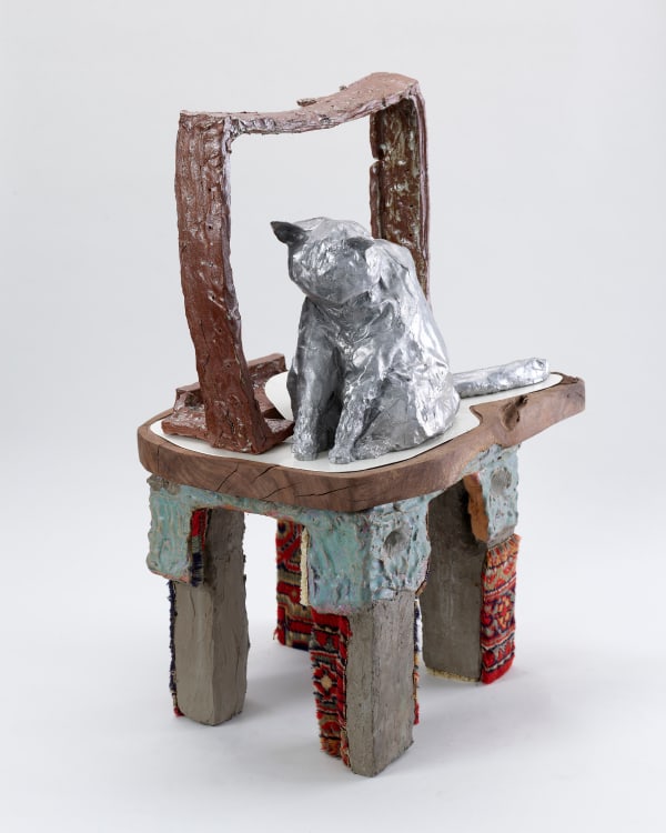 Sahar Khoury, Untitled (Lola sitting on walnut rug slab in window), 2021