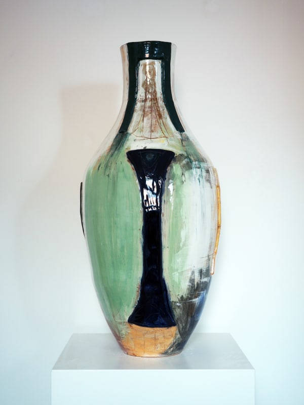 Turquoise abstract ceramic vessel by Danish artist Morten Lassen, featuring organic shapes and a textured, painterly surface.