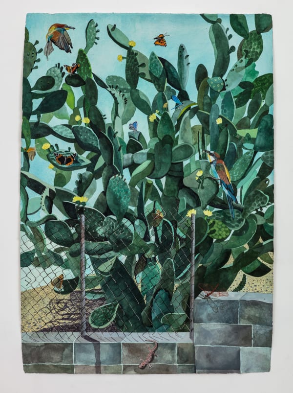 Watercolour of of a pear tree in bloom with green leaves and birds and butterflies by British-Cypriot artist Sophie Charalambous inspired by the flora and fauna of Cyprus.