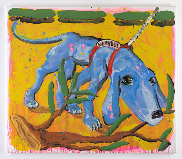 A blue dog with a branch in its mouth wearing a red harness that reads the word 'Nervious' by artist David Surman.