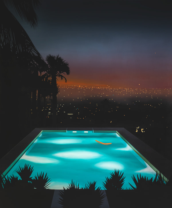 Painting of a Hollywood mansion with an illuminated pool overlooking city lights over a darkening sky by British artist Laurence Jones.