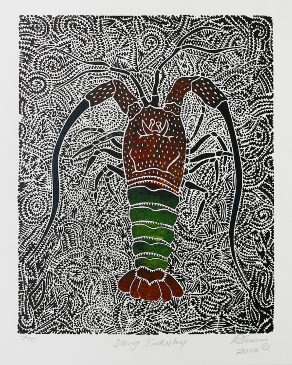 David Bosun, coloured linocut with pochoir, Torres Strait Islands, Aboriginal artist and artwork