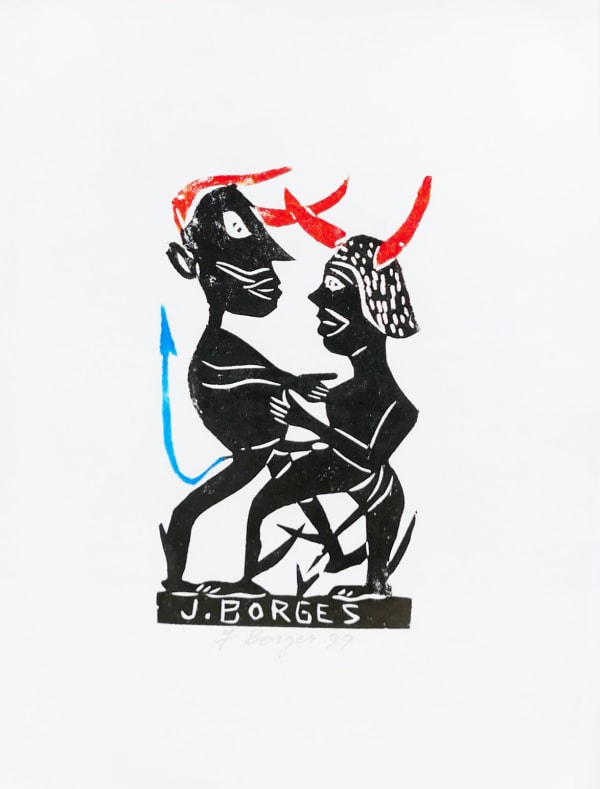 Red horned couple - woodcut on paper by José Borges. Represented by Rebecca Hossack Gallery.